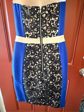 Endless Rose Lace Overlay Colorblock Two Tone Strapless Dress- S, Blue Black